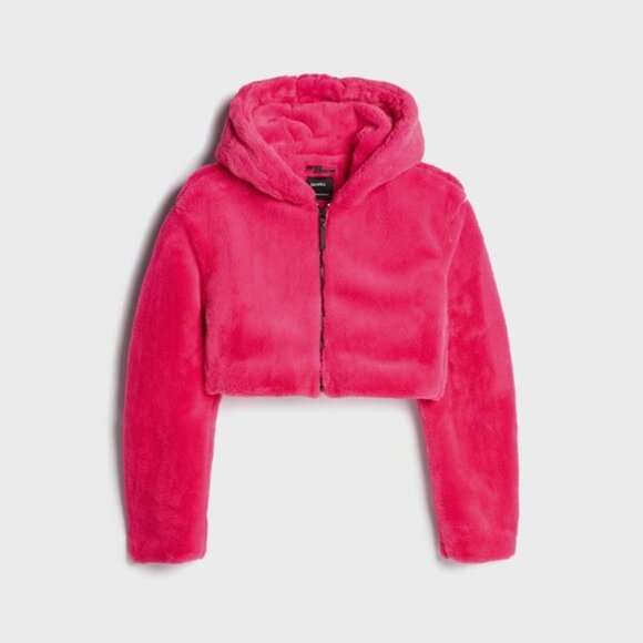 *SOLD* NWOT Bershka fuchsia pink faux fur hooded cropped teddy jacket, S - Picture 4 of 13
